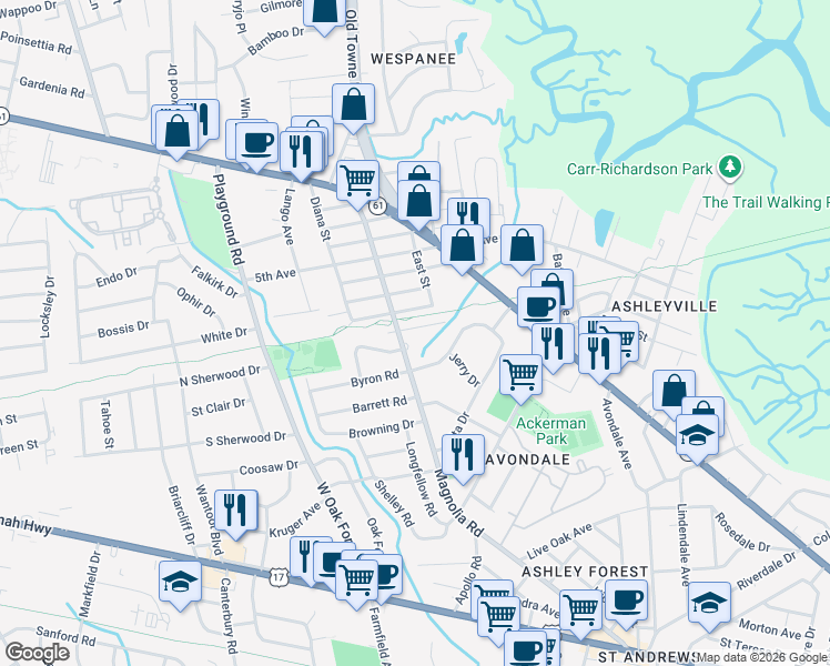 map of restaurants, bars, coffee shops, grocery stores, and more near 1121 Armstrong Avenue in Charleston