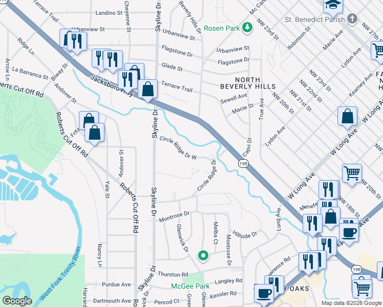 map of restaurants, bars, coffee shops, grocery stores, and more near 5000 Circle Ridge Drive in Fort Worth