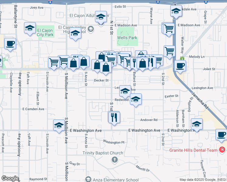 map of restaurants, bars, coffee shops, grocery stores, and more near 355 South 1st Street in El Cajon