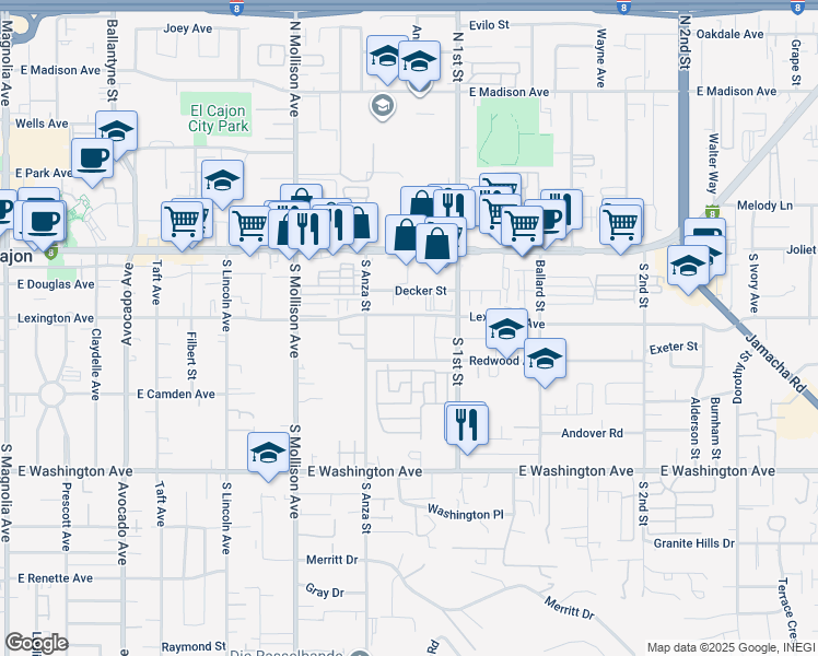 map of restaurants, bars, coffee shops, grocery stores, and more near 1037 Lexington in El Cajon