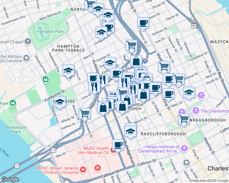 map of restaurants, bars, coffee shops, grocery stores, and more near 11 Porters Court in Charleston