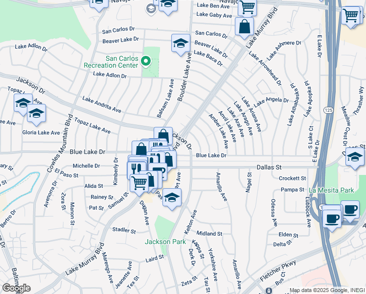 map of restaurants, bars, coffee shops, grocery stores, and more near 6281 Jackson Drive in San Diego