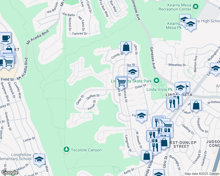 map of restaurants, bars, coffee shops, grocery stores, and more near 2727 Preece Street in San Diego