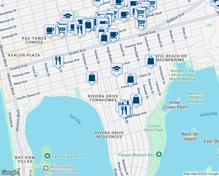 map of restaurants, bars, coffee shops, grocery stores, and more near 4048 Promontory Street in San Diego