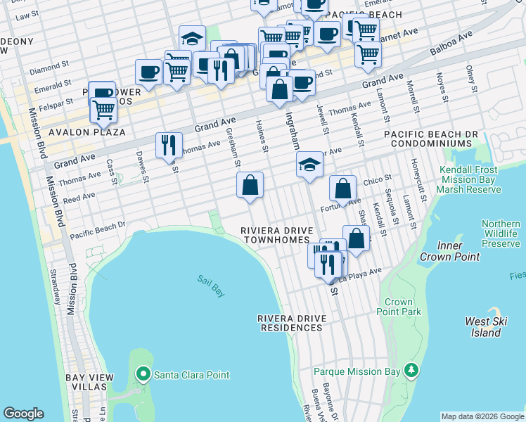 map of restaurants, bars, coffee shops, grocery stores, and more near 4065 Riviera Drive in San Diego