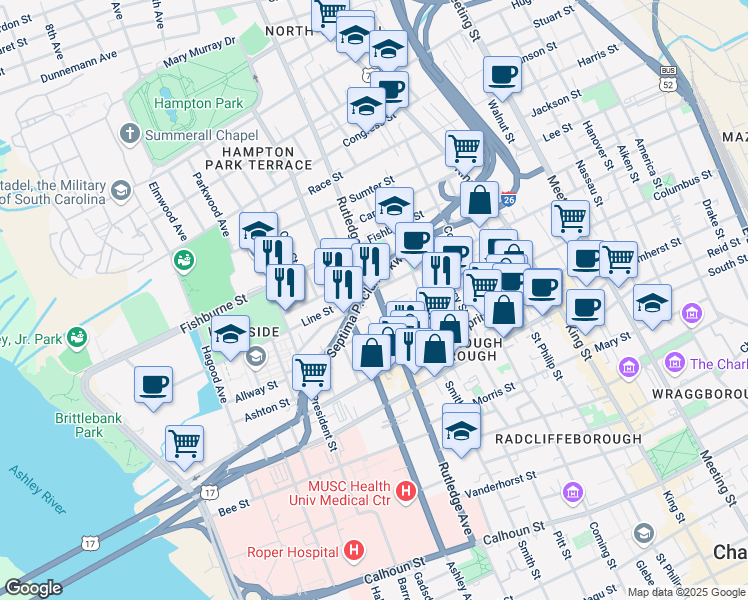 map of restaurants, bars, coffee shops, grocery stores, and more near 280 Rutledge Avenue in Charleston