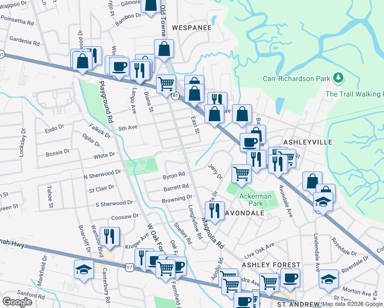 map of restaurants, bars, coffee shops, grocery stores, and more near 1121 Armstrong Avenue in Charleston