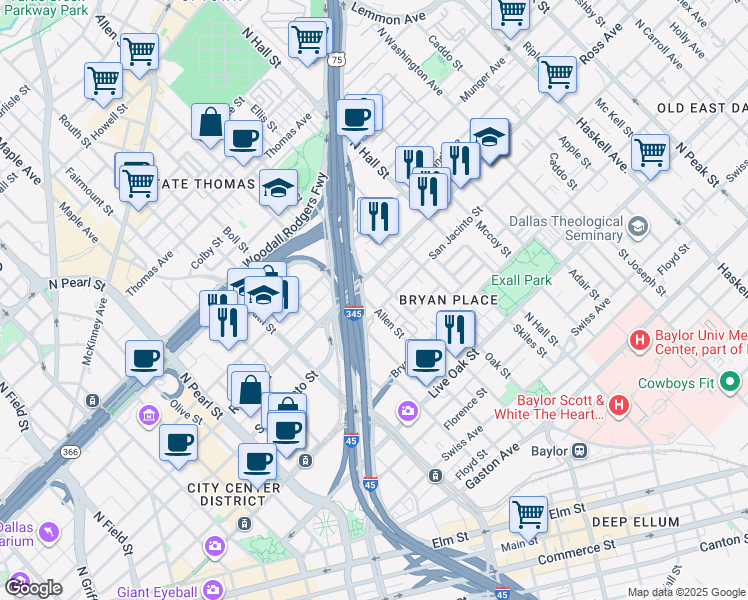 map of restaurants, bars, coffee shops, grocery stores, and more near in Dallas