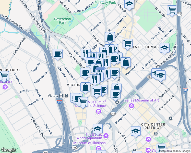 map of restaurants, bars, coffee shops, grocery stores, and more near 2600 North Harwood Street in Dallas