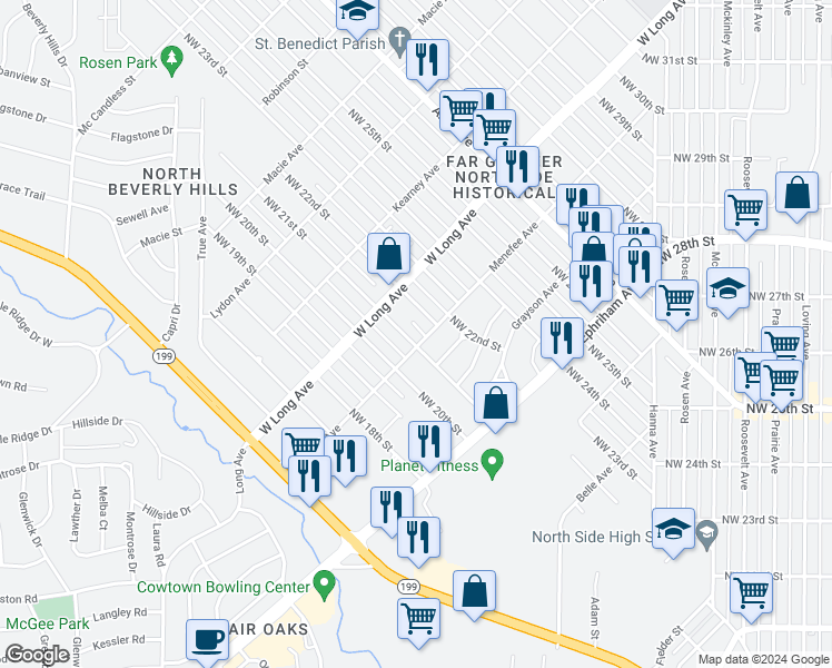 map of restaurants, bars, coffee shops, grocery stores, and more near 2610 Northwest 21st Street in Fort Worth