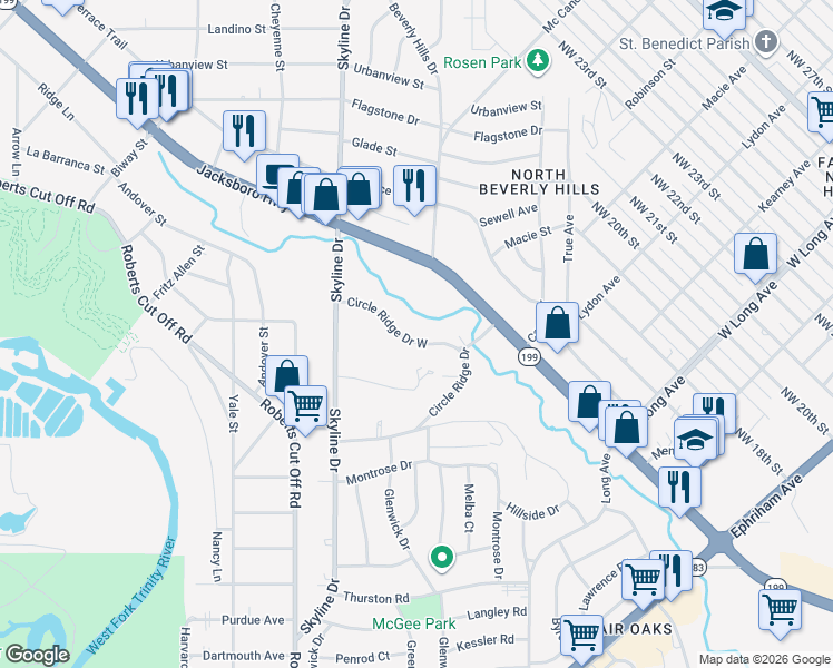 map of restaurants, bars, coffee shops, grocery stores, and more near 5000 Circle Ridge Drive in Fort Worth