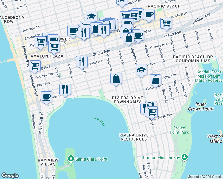 map of restaurants, bars, coffee shops, grocery stores, and more near 1352 La Palma Street in San Diego