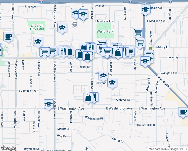 map of restaurants, bars, coffee shops, grocery stores, and more near 355 South 1st Street in El Cajon