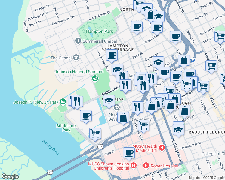 map of restaurants, bars, coffee shops, grocery stores, and more near 265 Fishburne Street in Charleston