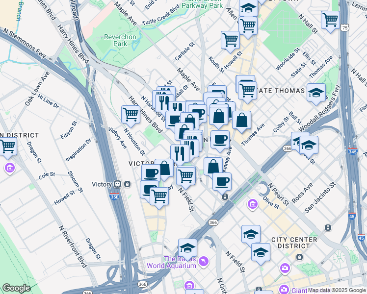 map of restaurants, bars, coffee shops, grocery stores, and more near 2601 North Harwood Street in Dallas
