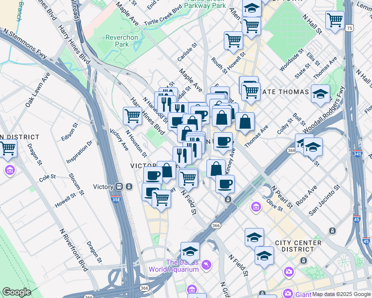 map of restaurants, bars, coffee shops, grocery stores, and more near 2601 North Harwood Street in Dallas