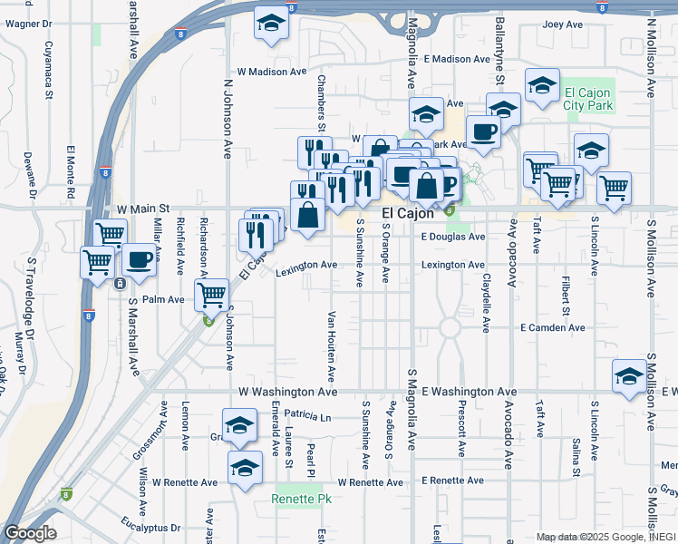 map of restaurants, bars, coffee shops, grocery stores, and more near 338 West Lexington Avenue in El Cajon