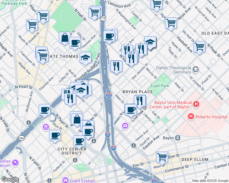 map of restaurants, bars, coffee shops, grocery stores, and more near 1010 Allen Street in Dallas