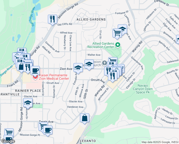 map of restaurants, bars, coffee shops, grocery stores, and more near 6550 51st Street in San Diego
