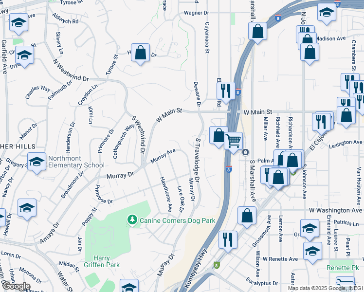map of restaurants, bars, coffee shops, grocery stores, and more near 361 Murray Drive in El Cajon