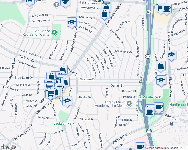 map of restaurants, bars, coffee shops, grocery stores, and more near 6226 Amber Lake Avenue in San Diego