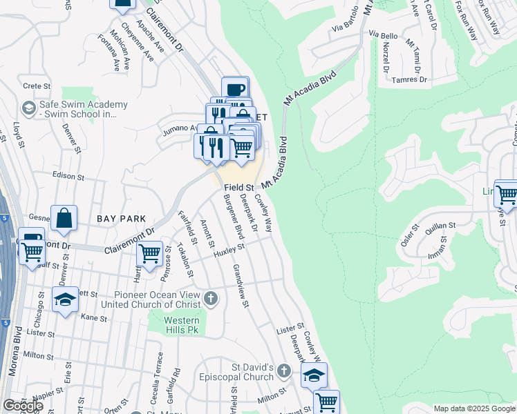 map of restaurants, bars, coffee shops, grocery stores, and more near 2802 Cowley Way in San Diego