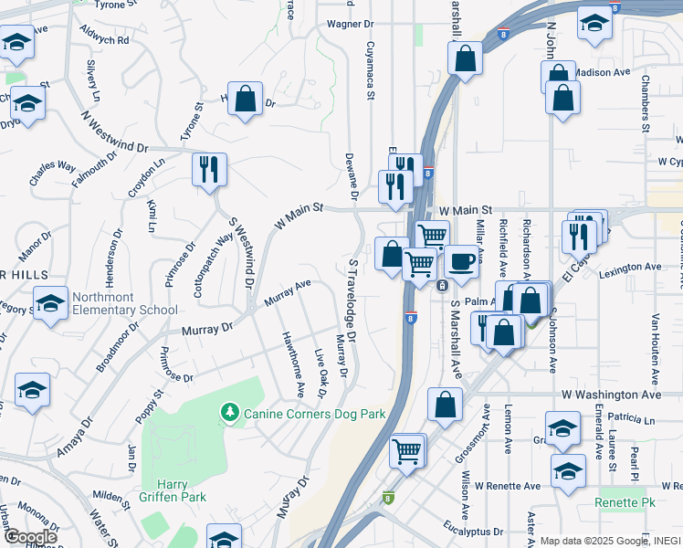 map of restaurants, bars, coffee shops, grocery stores, and more near 364 South Travelodge Drive in El Cajon