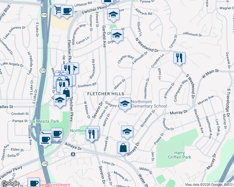 map of restaurants, bars, coffee shops, grocery stores, and more near 9348 Horton Drive in La Mesa