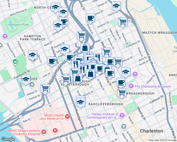 map of restaurants, bars, coffee shops, grocery stores, and more near 13 Bogard Street in Charleston