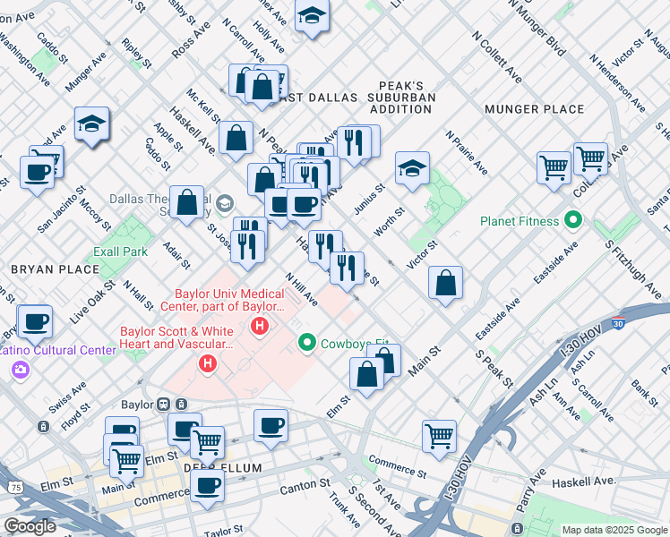 map of restaurants, bars, coffee shops, grocery stores, and more near 4104 Junius Street in Dallas