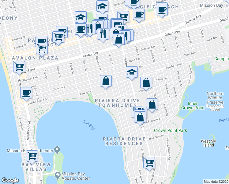 map of restaurants, bars, coffee shops, grocery stores, and more near 4033 Riviera Drive in San Diego