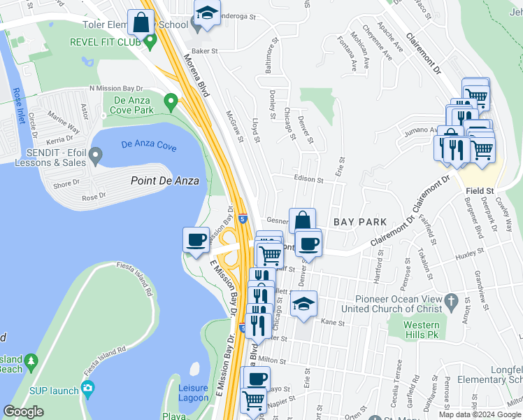 map of restaurants, bars, coffee shops, grocery stores, and more near 2870 Lloyd Street in San Diego