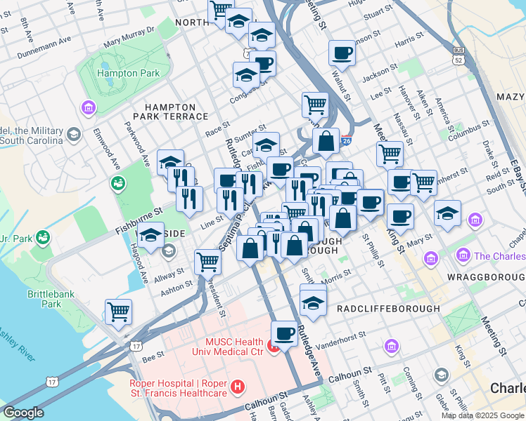 map of restaurants, bars, coffee shops, grocery stores, and more near 280 Rutledge Avenue in Charleston