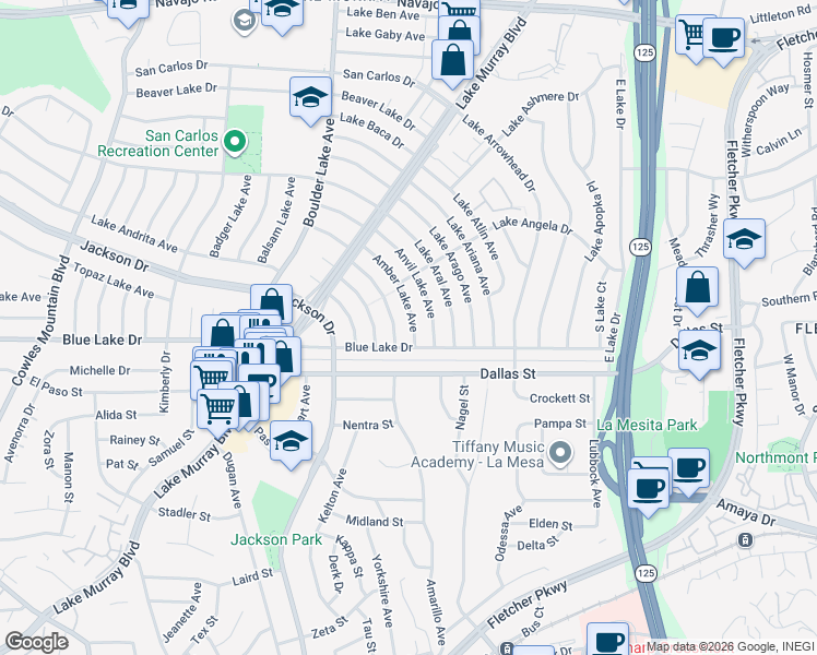 map of restaurants, bars, coffee shops, grocery stores, and more near 6226 Amber Lake Avenue in San Diego