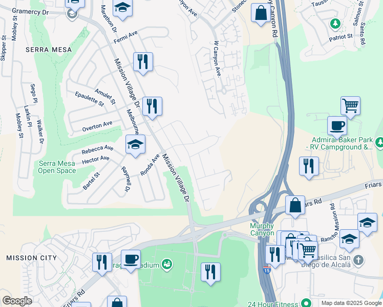 map of restaurants, bars, coffee shops, grocery stores, and more near 9452 Larrabee Avenue in San Diego