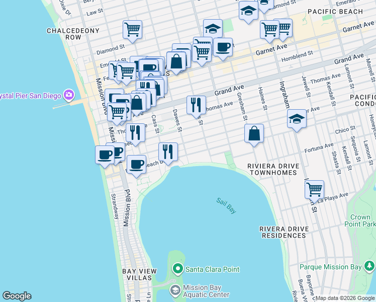 map of restaurants, bars, coffee shops, grocery stores, and more near 1102 Pacific Beach Drive in San Diego