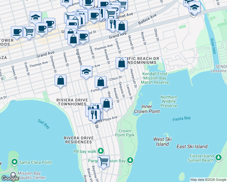 map of restaurants, bars, coffee shops, grocery stores, and more near 1787 Fortuna Avenue in San Diego