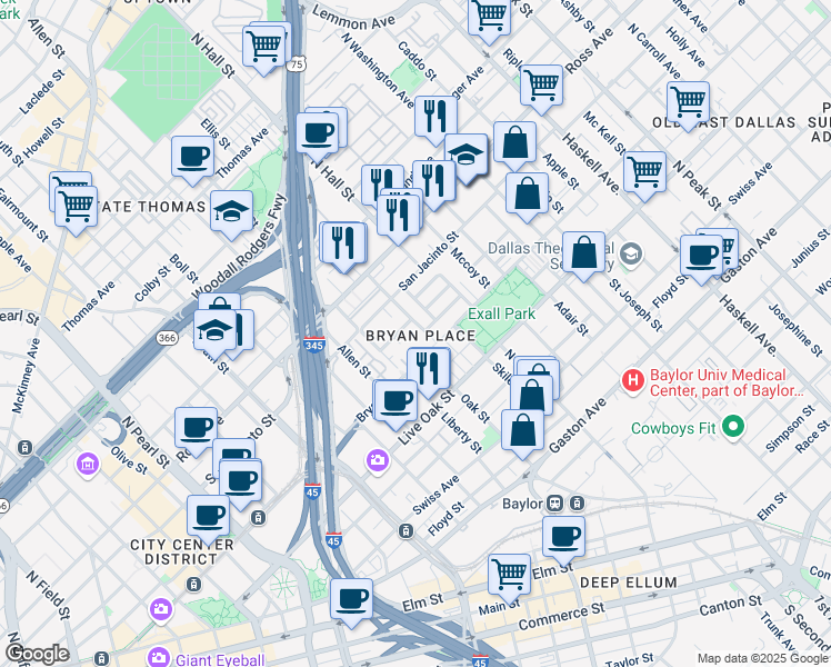 map of restaurants, bars, coffee shops, grocery stores, and more near 911 Pavillion Street in Dallas
