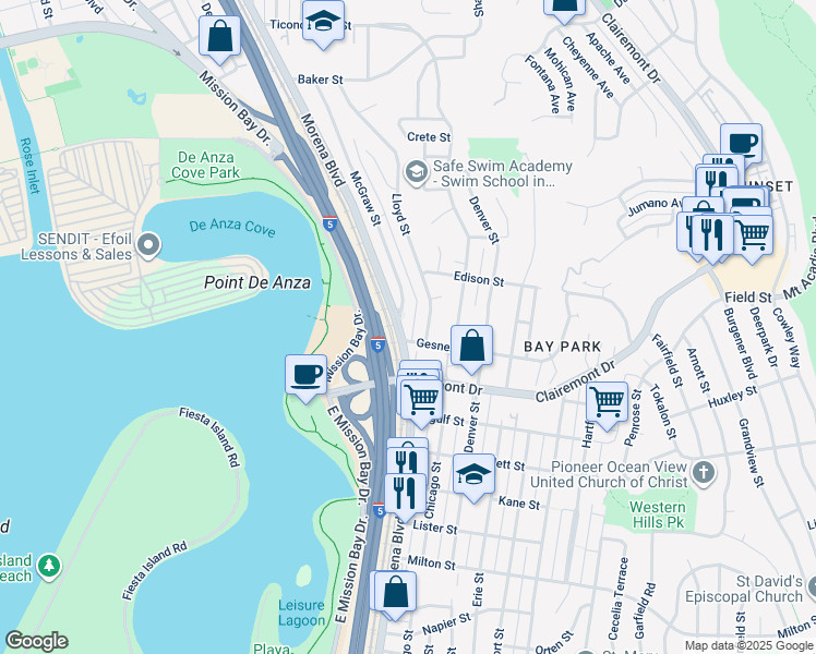 map of restaurants, bars, coffee shops, grocery stores, and more near 2821 Morena Boulevard in San Diego