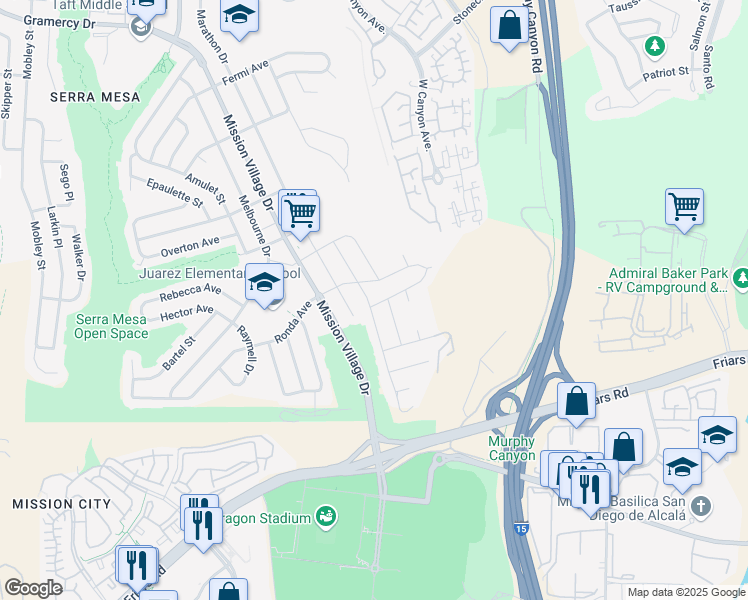 map of restaurants, bars, coffee shops, grocery stores, and more near 9452 Larrabee Avenue in San Diego