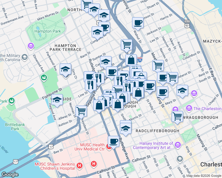 map of restaurants, bars, coffee shops, grocery stores, and more near 43 Rose Lane in Charleston