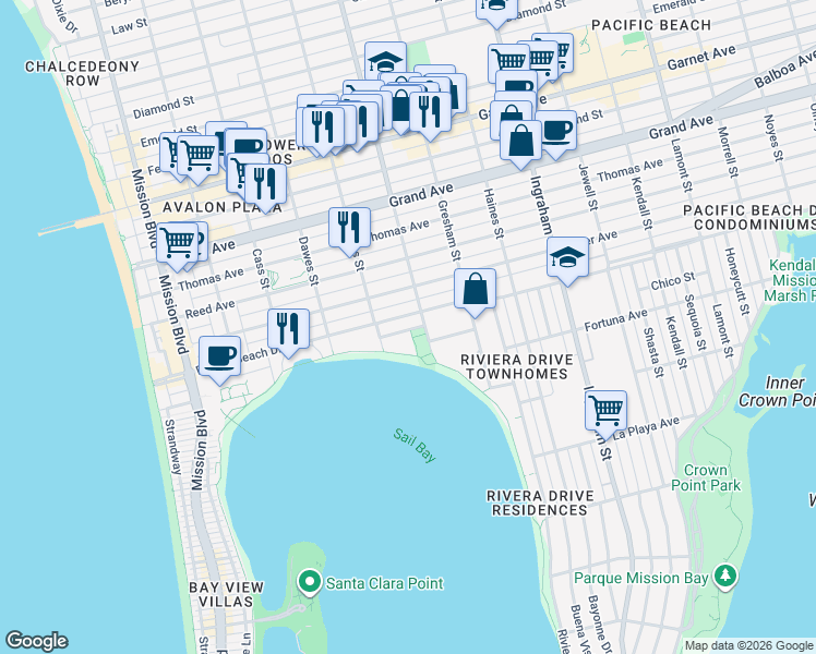 map of restaurants, bars, coffee shops, grocery stores, and more near 1254 Parker Place in San Diego