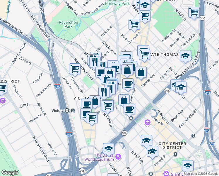 map of restaurants, bars, coffee shops, grocery stores, and more near 2628 North Harwood Street in Dallas