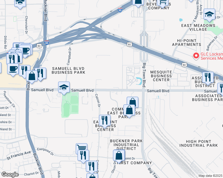 map of restaurants, bars, coffee shops, grocery stores, and more near 4749 Samuell Boulevard in Mesquite