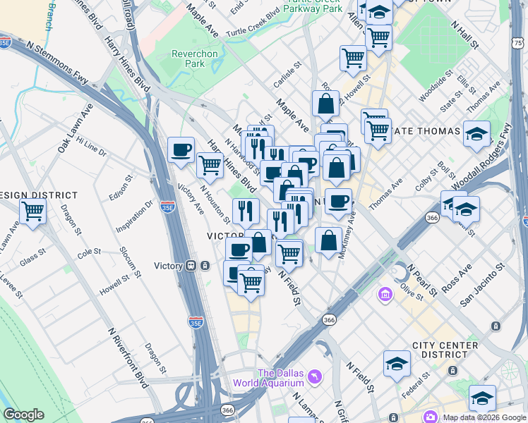 map of restaurants, bars, coffee shops, grocery stores, and more near 1855 Payne Street in Dallas