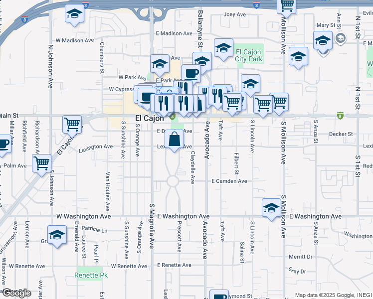 map of restaurants, bars, coffee shops, grocery stores, and more near 250 East Lexington Avenue in El Cajon