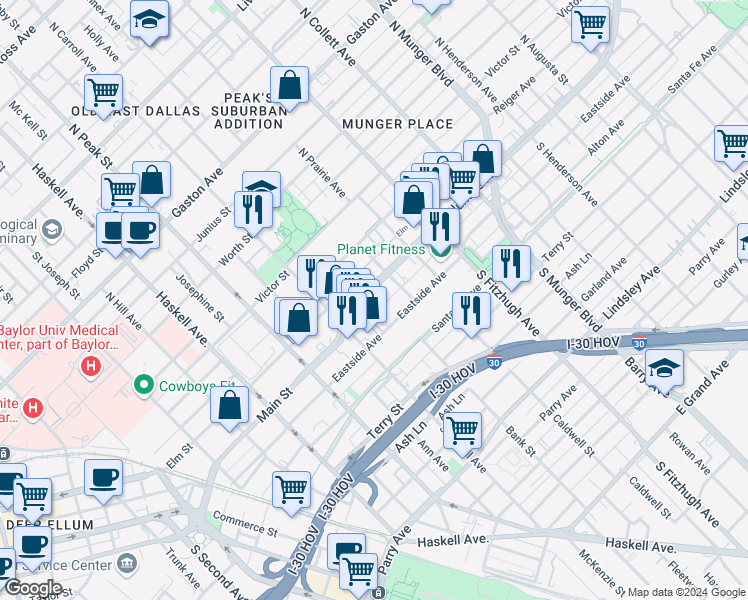 map of restaurants, bars, coffee shops, grocery stores, and more near 4602 Columbia Avenue in Dallas
