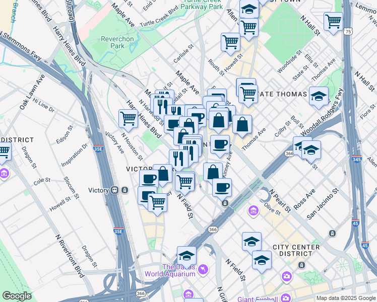 map of restaurants, bars, coffee shops, grocery stores, and more near 2628 North Harwood Street in Dallas