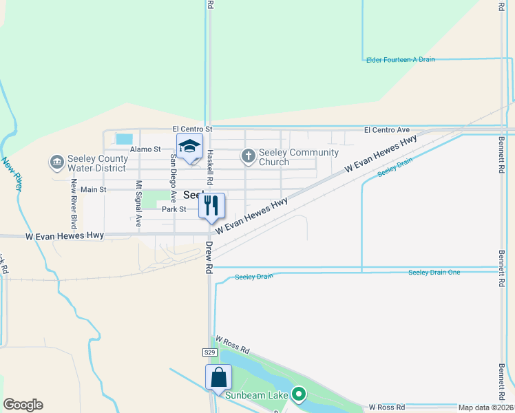 map of restaurants, bars, coffee shops, grocery stores, and more near 1767 Main Street in El Centro