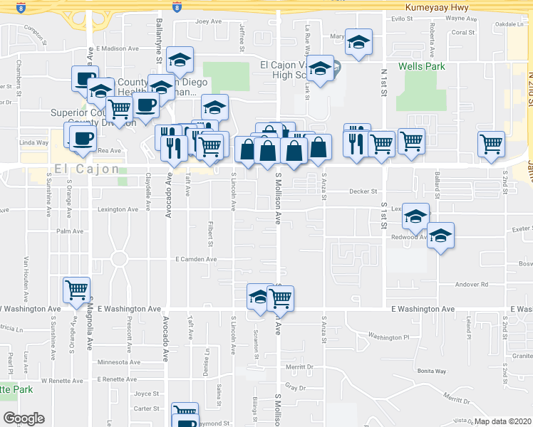map of restaurants, bars, coffee shops, grocery stores, and more near 800 Lexington Avenue in El Cajon